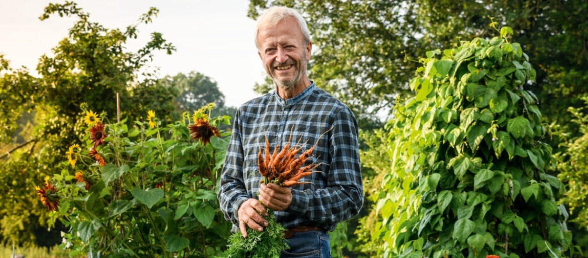 Does no-dig gardening really work? John Dowding says its a “win-win-win” Charles Dowding wearing a blue green checked shirt and holding some flowers in his garden