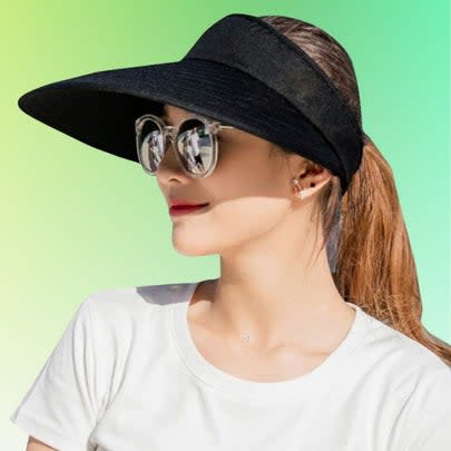 A wide-brimmed sun visor with UPF protection
