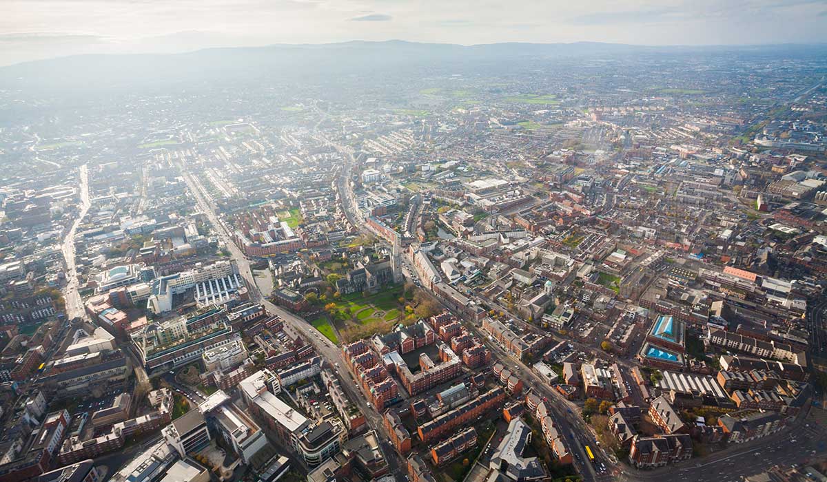An aerial view over St Patrick's Catedral and the surrounding area of the city of Dublin, Ireland