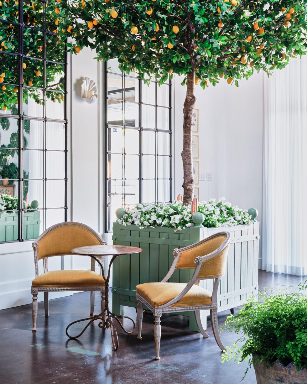 Indoor seating area with a tree and planters.