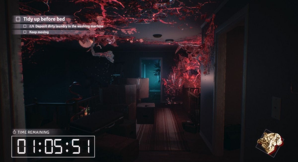 A hallway with red flowers and roots coming through the walls in Fractured Blooms