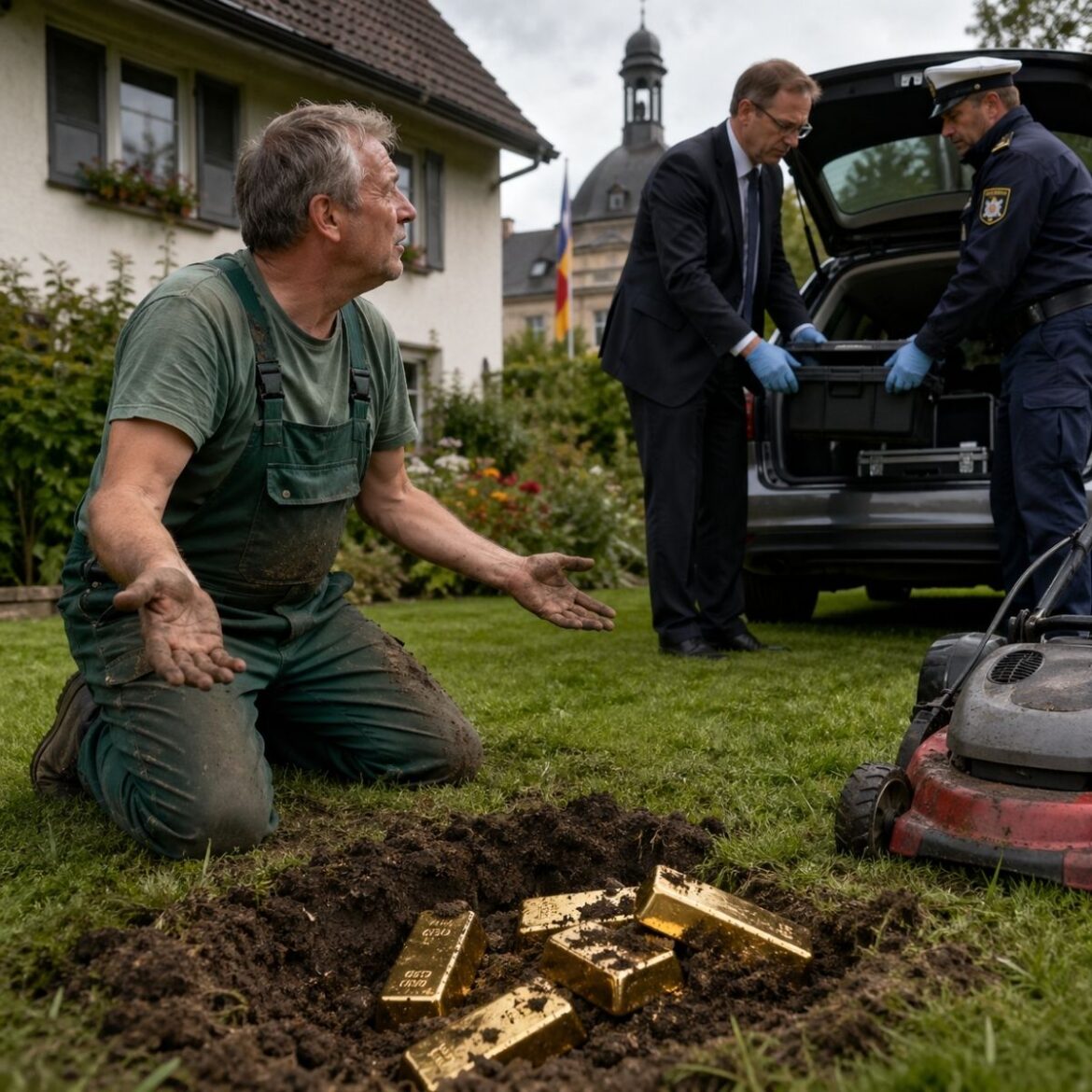 Gardener found R$ 235,000 in buried gold bars while cutting grass in Germany but won’t get to keep any of it because the city seized the treasure and has already decided what to do with it. Gardener found R$ 235,000 in buried gold bars while cutting grass in Germany but won't get to keep any of it because the city seized the treasure and has already decided what to do with it.