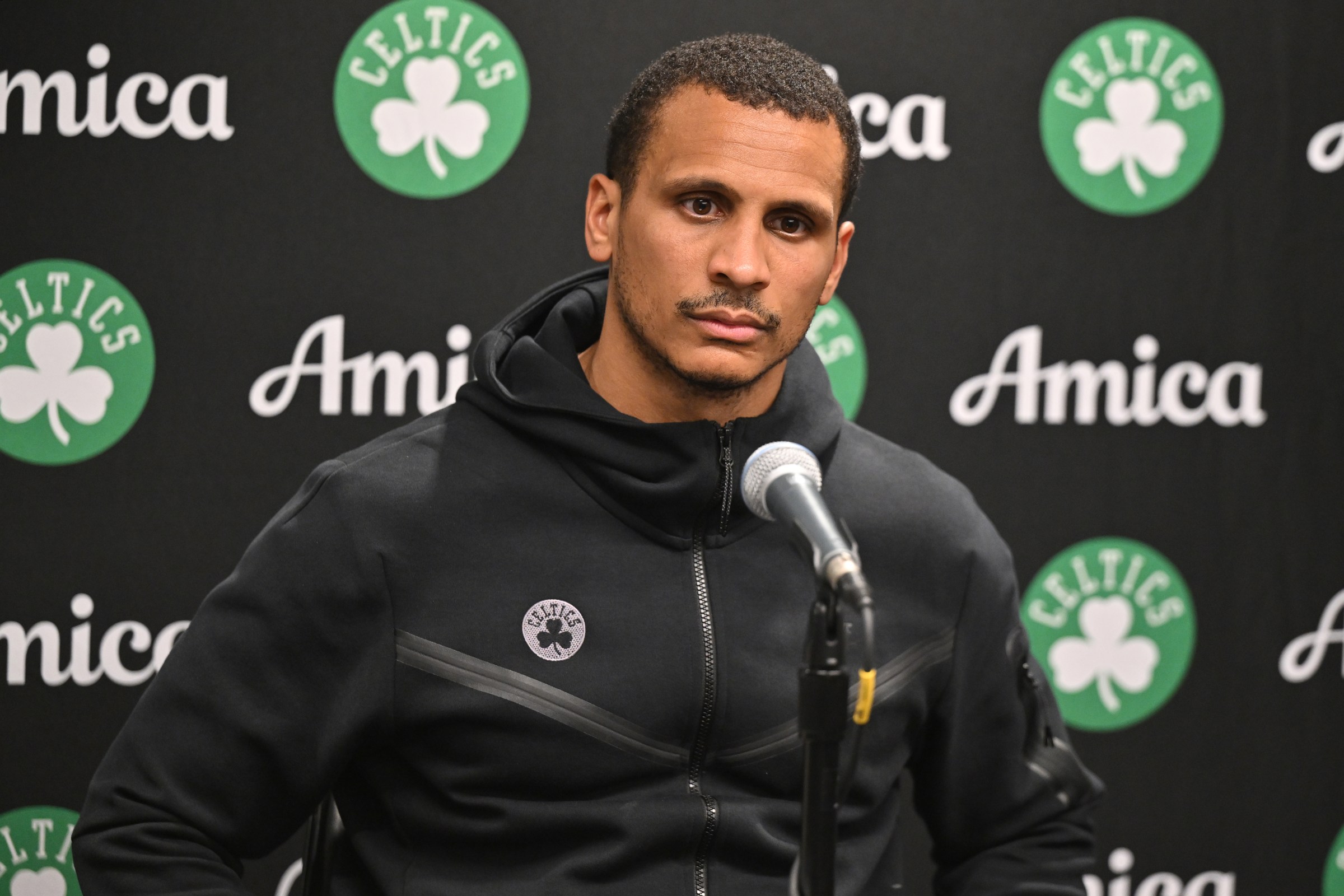 ATLANTA, GEORGIA - NOVEMBER 04: Head coach Joe Mazzulla of the Boston Celtics speaks during a press conference after the game against the Atlanta Hawks on November 4, 2024 at State Farm Arena in Atlanta, Georgia. The Boston Celtics defeated the Atlanta Hawks 123-93. NOTE TO USER: User expressly acknowledges and agrees that, by downloading and or using this photograph, User is consenting to the terms and conditions of the Getty Images License Agreement. (Photo by Paras Griffin/Getty Images)