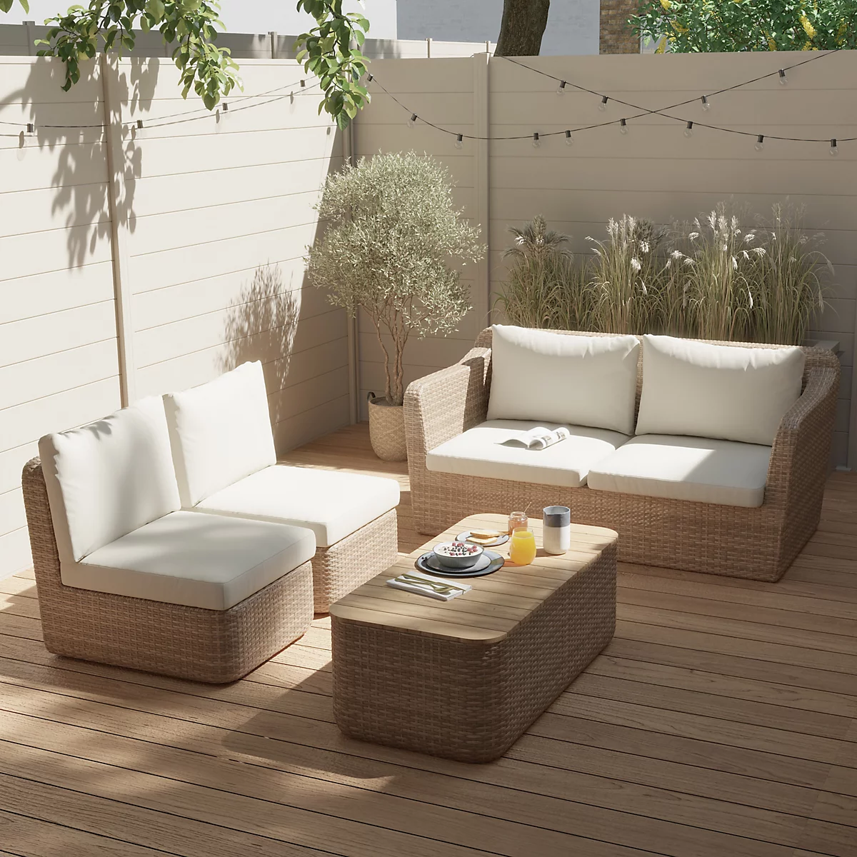 B&amp;Q, GoodHome Elos Matt Beige Rattan effect 4 Seater Modular Coffee set
