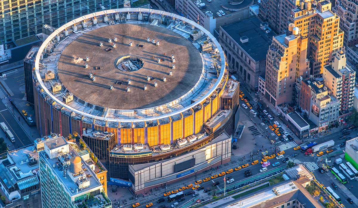 New York, United States - October 3, 2024:  Aerial view of the iconic Madison Square Garden in Midtown Manhattan, New York City, shot via helicopter from an altitude of about 1500 feet.
