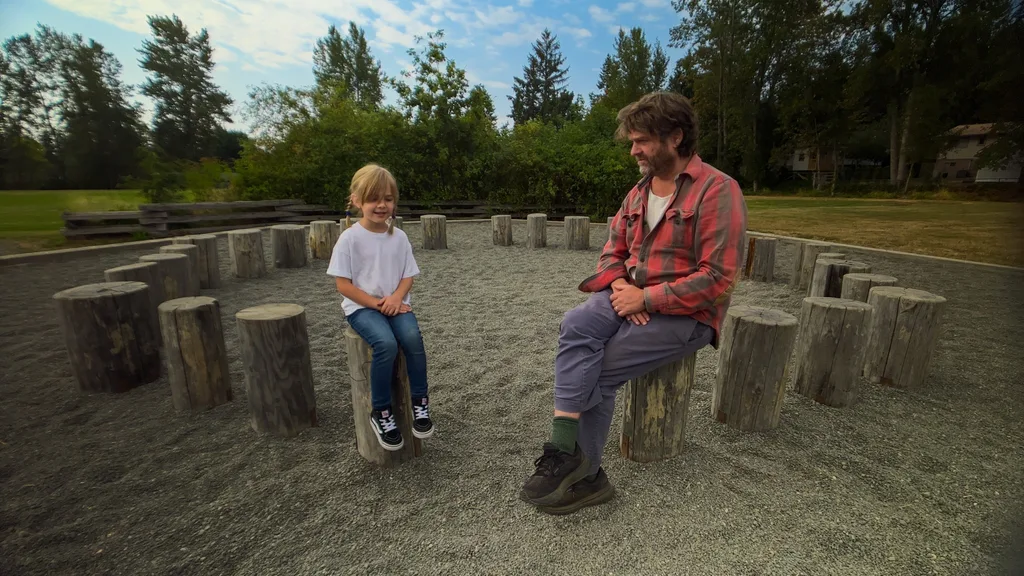 Zach Galifianakis and child on the set of Netflix's This Is a Gardening Show