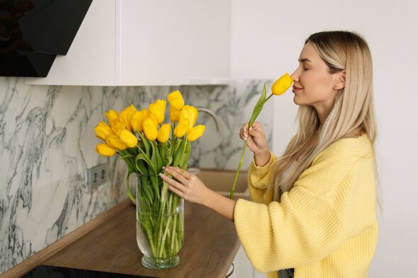 A beautiful woman with long hair in a yellow cardigan is pruning flowers at home, changing the water and taking care of them in A beautiful woman with long hair in a yellow cardigan is pruning flowers at home, changing the water and taking care of them in