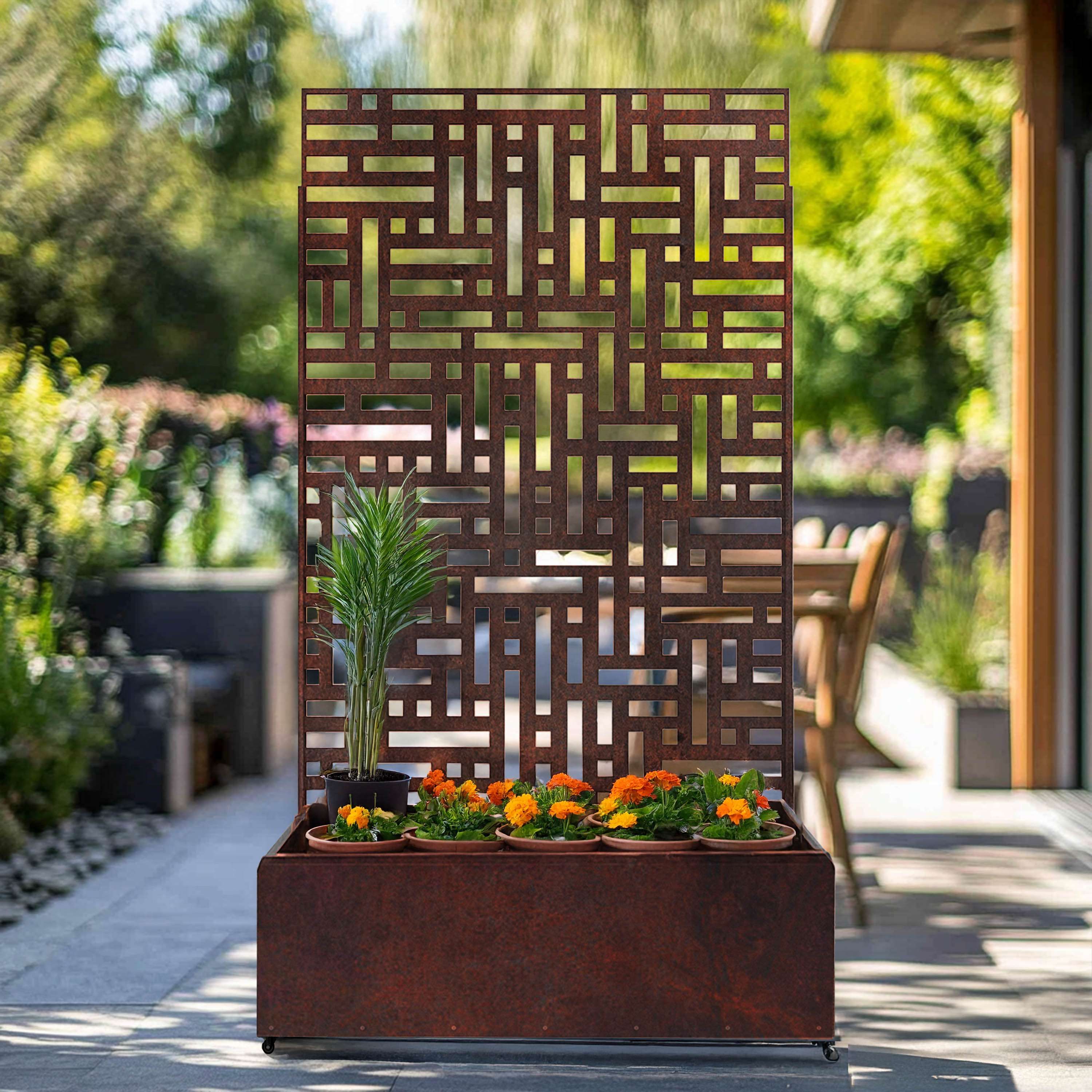 Metal Pre Rust Outdoor Privacy Screen With Plant Pot Geometric Garden Divider