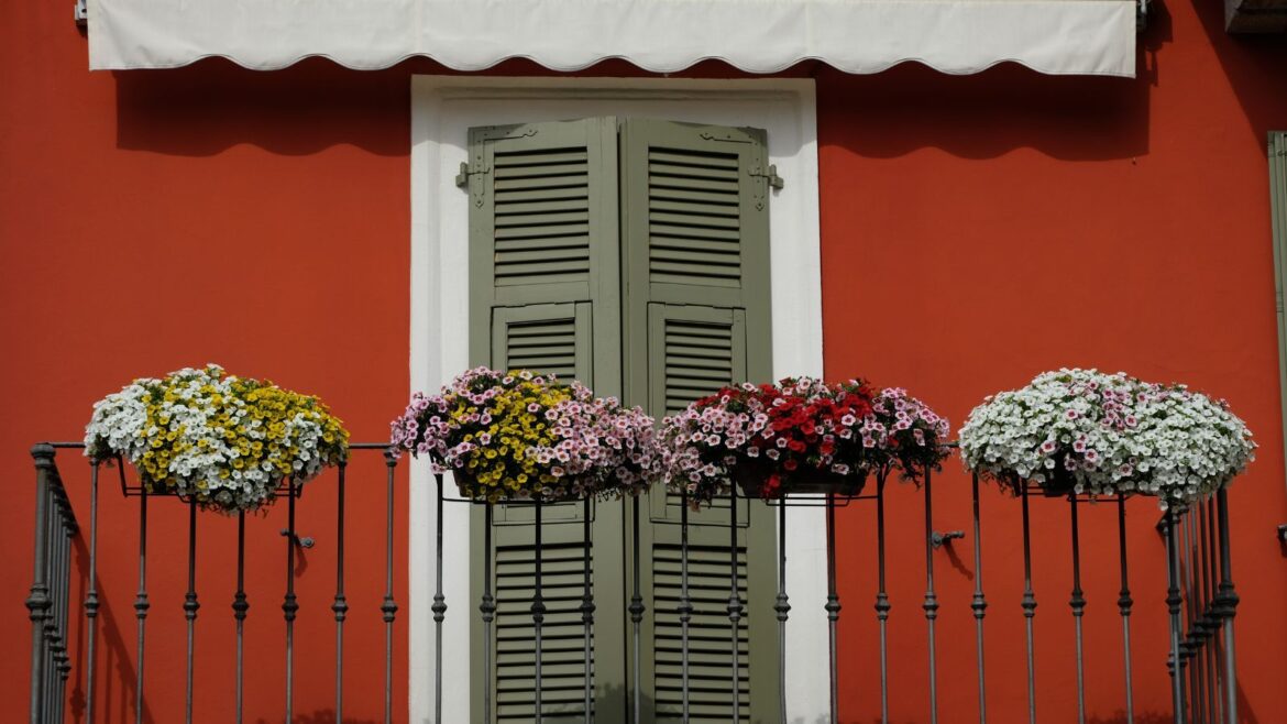 Aldi’s Belavi Metal Planter Will Transform Your Balcony Red house with sage green shutters and wrought iron balcony with window boxes