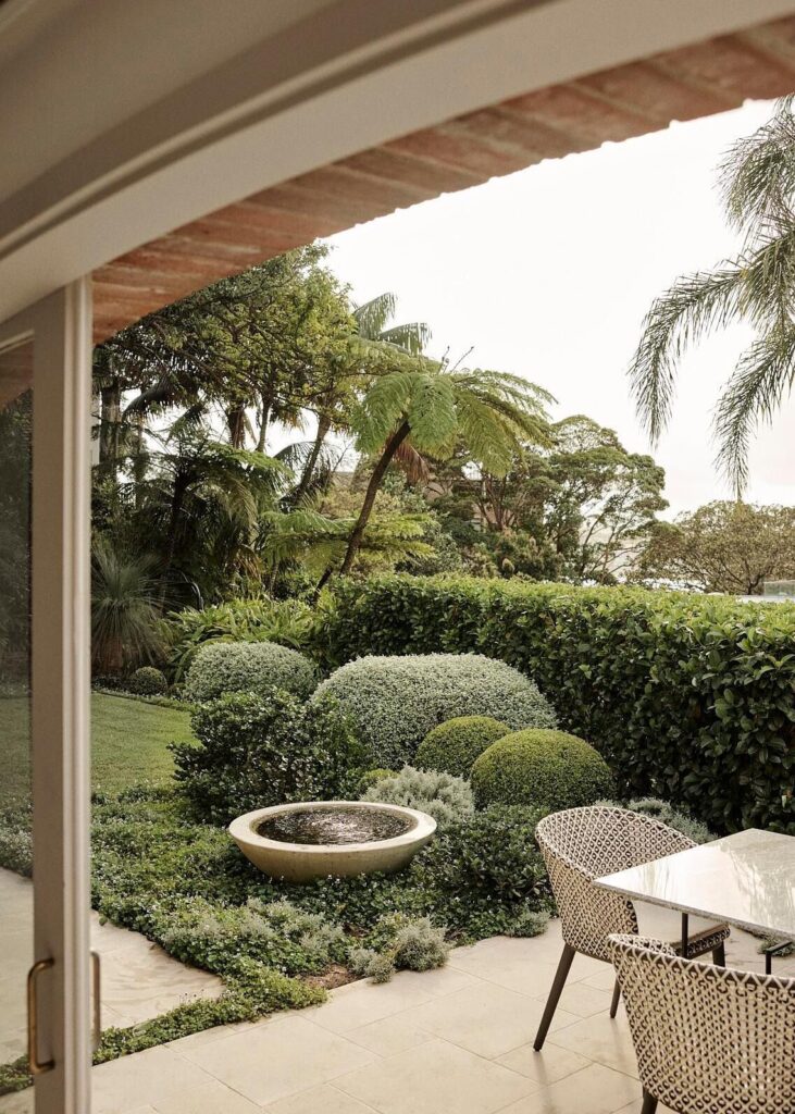 5 Architectural Plants That Are as Unkillable as They Are Stylish shrubs and a water feature in front of a hedge