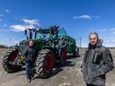 Marcel Cardinal, centre, and his two sons Christian Cardinal, centre, and Sylvain Cardinal, left, on their third-generation farm in Mirabel, Que., on Monday, April 20, 2026. The land is on a list of properties that could be expropriated to make way for a high-speed rail project.  