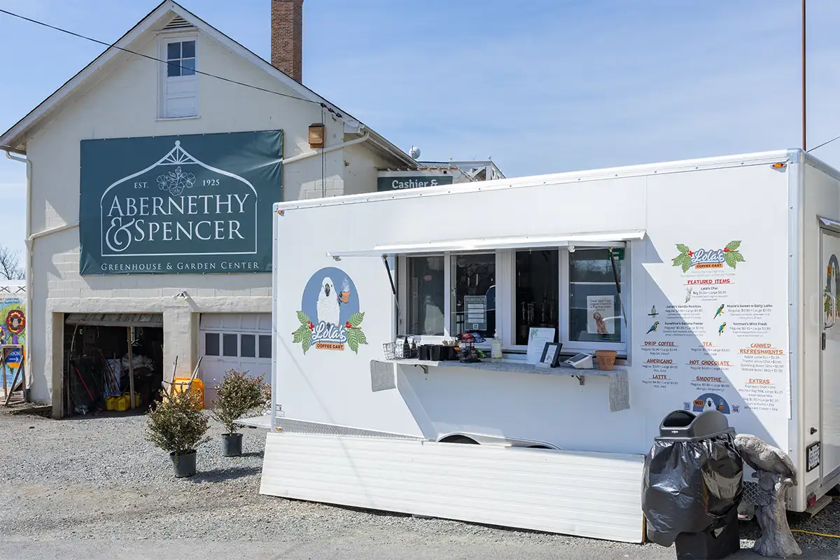 Exterior of Lola's Coffee Cart and Abernethy & Spencer Greenhouse & Garden Center