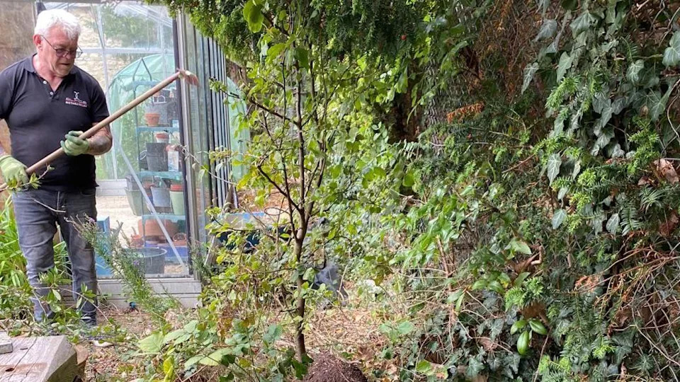A man wearing a black polo shirt holds a hoe, standing in front of a greenhouse and looking down at some dishevelled soil and hedges.