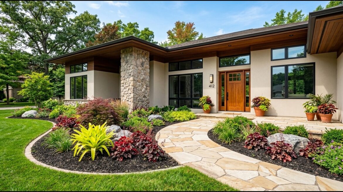 Modern Front Yard Landscaping: Walkways, Boulders & Contemporary Homes