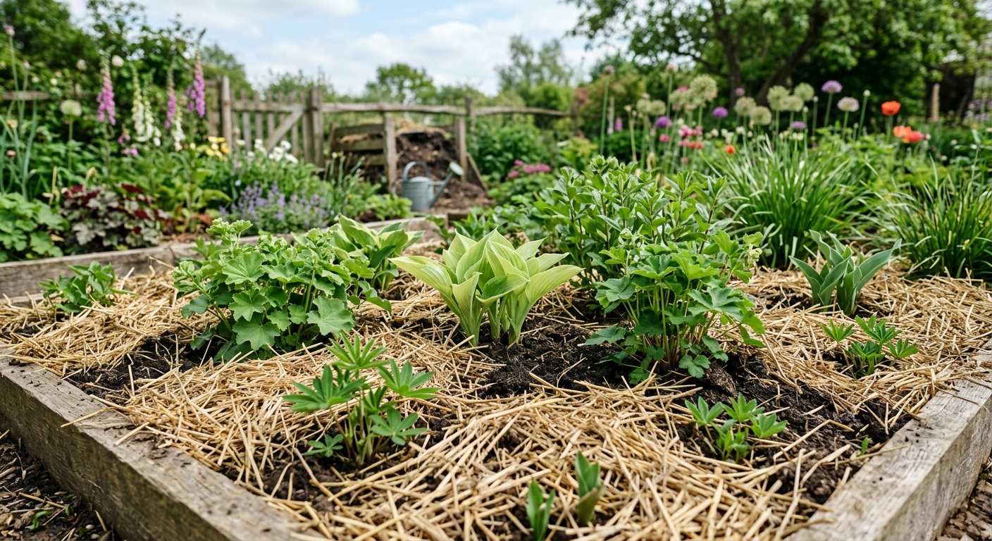 A simple layer of mulch over settled soil can protect your flower beds from weeds, moisture loss, and heat stress. Image Credits: Google Gemini Image
