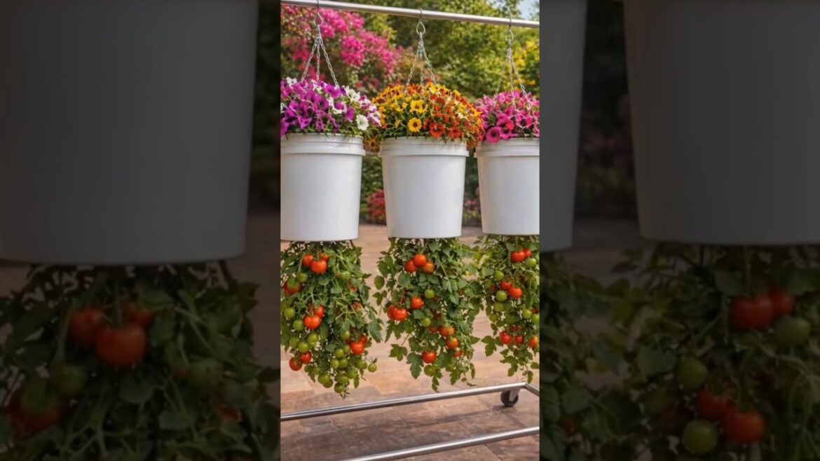 DIY Hanging Tomato Garden | Vertical Bucket Planter Transformation 🌸🍅 #shorts DIY Hanging Tomato Garden | Vertical Bucket Planter Transformation 🌸🍅 #shorts