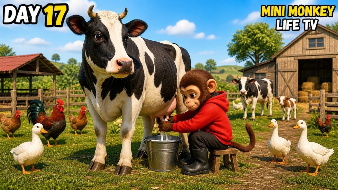 Mini Monkey Farm Day 17 🐒🚜 | Watering Garden, Milking Cow & Cake Plan!