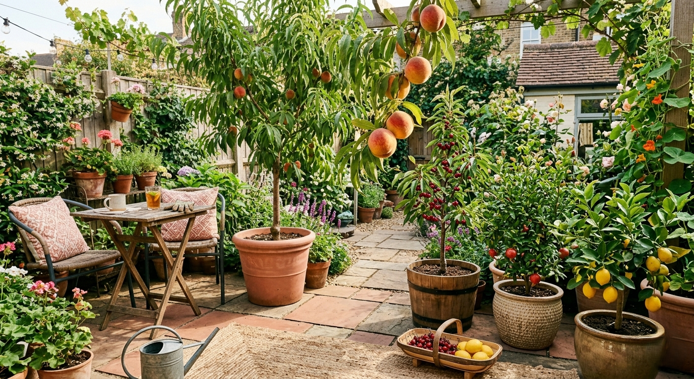 A patio full of dwarf fruit trees is less work than it looks and more rewarding than most people expect.Image Credits: Google Gemini Image