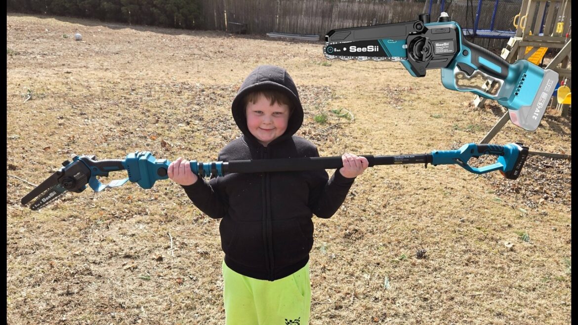 Our new ELECTRIC POLESAW! Chainsaws for kids | POWER GARDENING TOOLS FOR KIDS Our new ELECTRIC POLESAW! Chainsaws for kids | POWER GARDENING TOOLS FOR KIDS