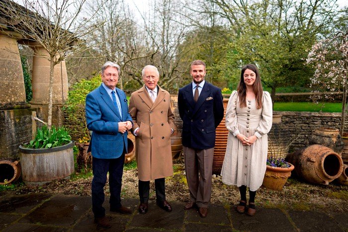Embargoed to 0001 Saturday April 4 Alan Titchmarsh, King Charles III, Sir David Beckham and Frances Tophill, who form part of the team behind The RHS and The King's Foundation Curious Garden gather at Highgrove, Gloucestershire, in Highgrove Gardens after Alan Titchmarsh, King Charles III, David Beckham and Frances Tophill standing in a garden
