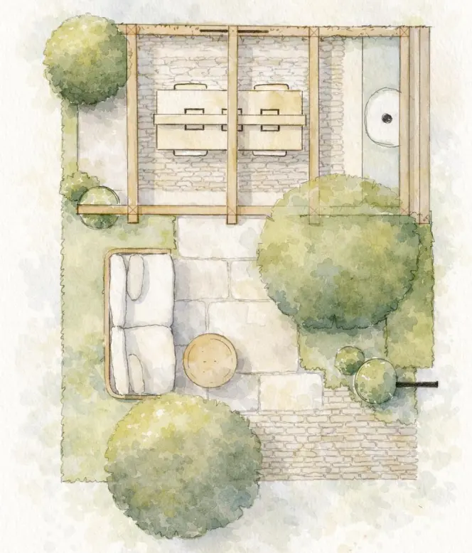 Illustration of a Cotswolds garden layout.
