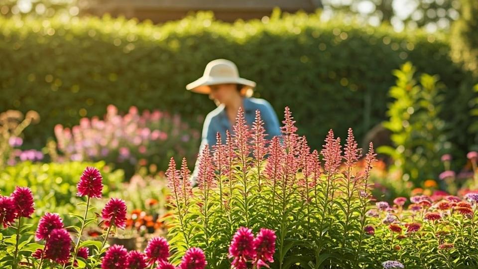 Photograph of a perennial garden. A caucasian woman should be cutting flowers in the background. The flowers should occupy the space in the front of the photograph. Only 1 woman please. background. She should be dressed in gardening attire.