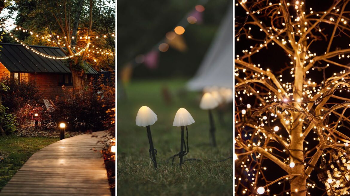 These are the hottest exterior lighting trends of 2026 composite of three different kinds of garden lighting