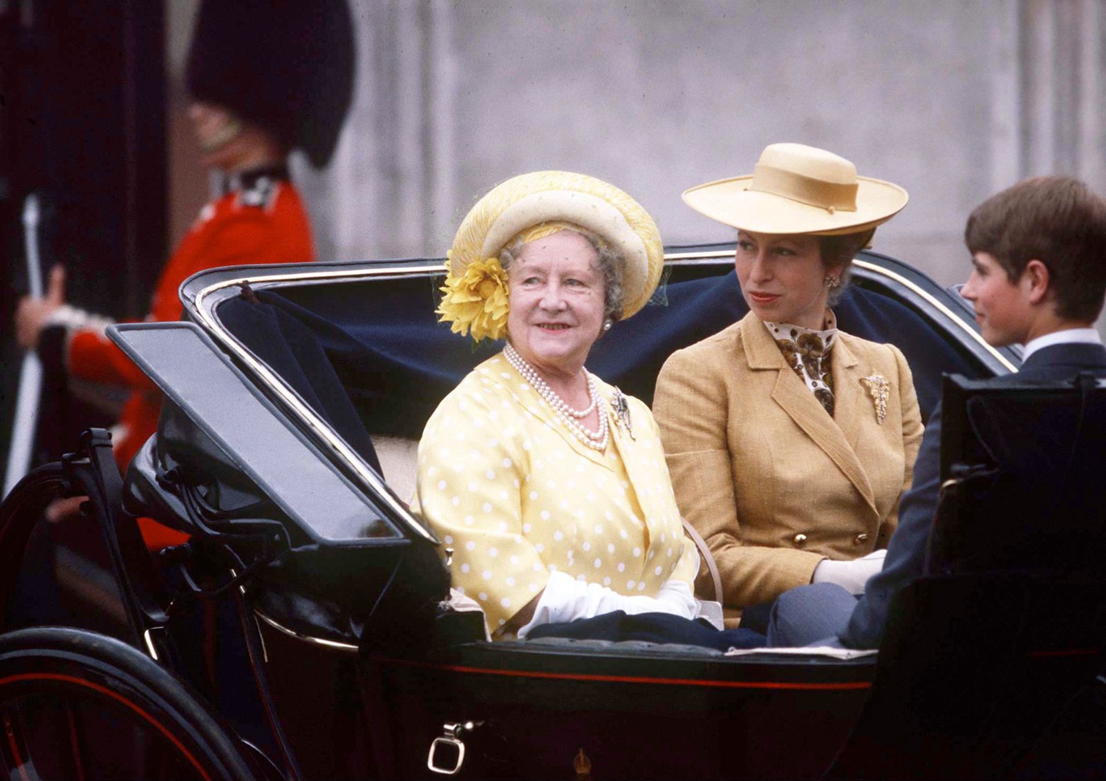 Image may contain Queen Elizabeth The Queen Mother Anne Princess Royal Person Adult Clothing Hat Face and Head