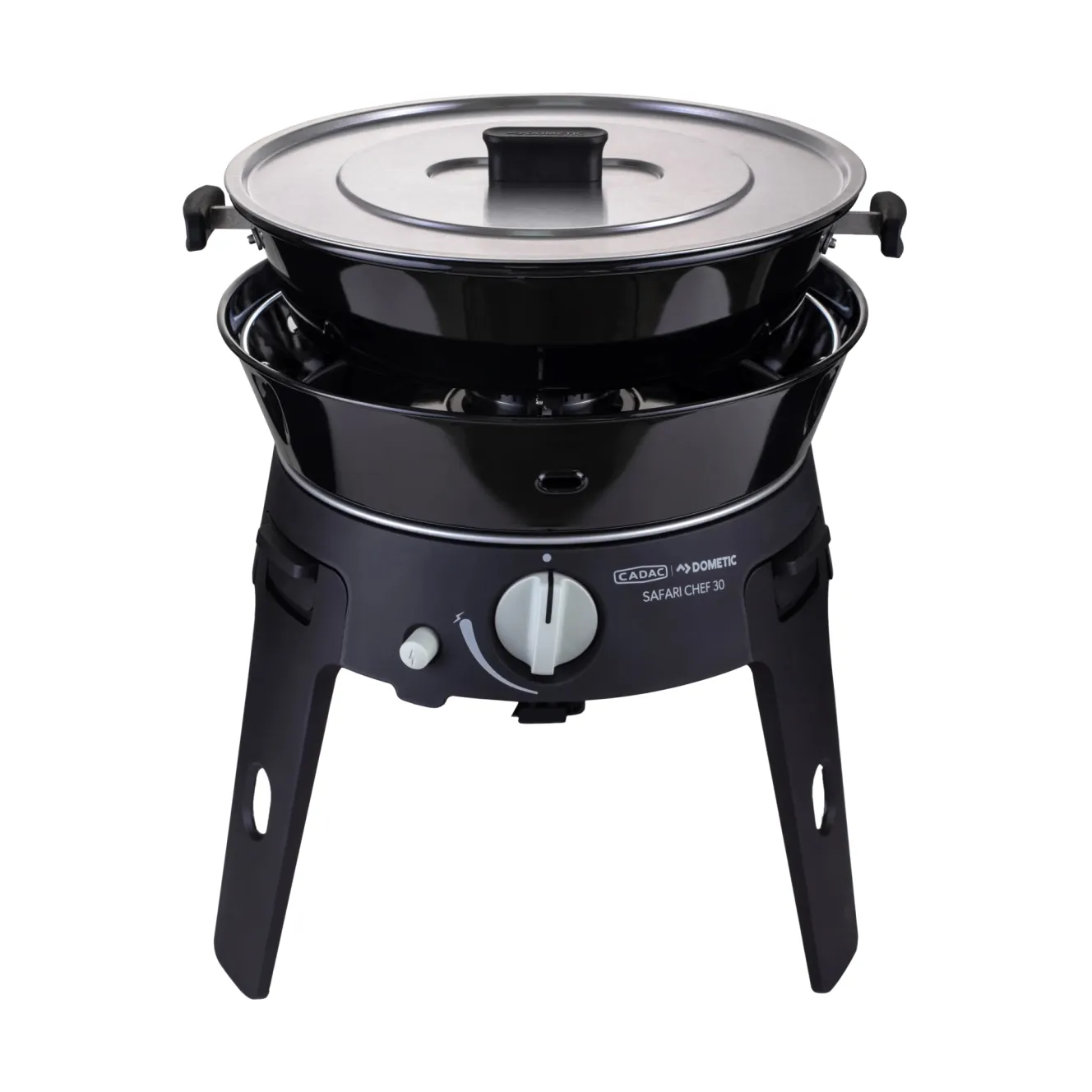Cadac Safari Chef 30 LP barbecue with a pan and lid