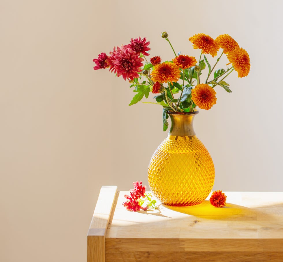 chrysanthemums in glass vase