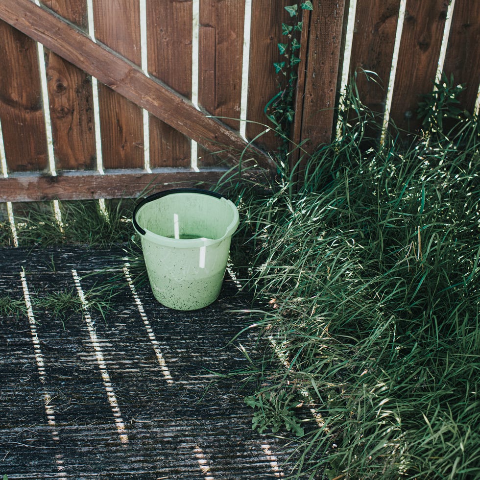 Faded Green Bucket sitting on Wooden Decking in Sunbeams