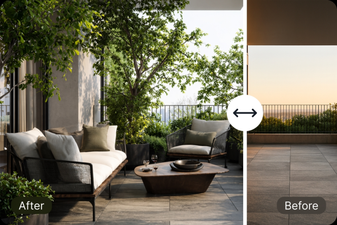 Collage comparing a minimalist balcony garden before and after landscaping, showing furniture, trees, and plants added.