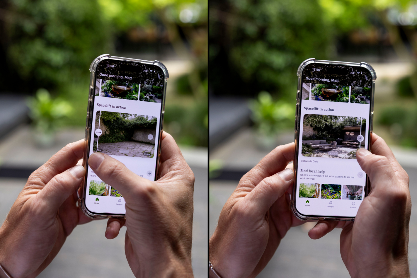 A person's hands holding a smartphone displaying an app that shows before-and-after images of a landscaped space.