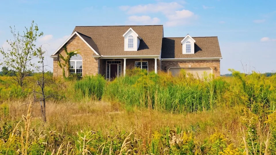 A foreclosure modern American home with an overgrown lawn - stock photo
