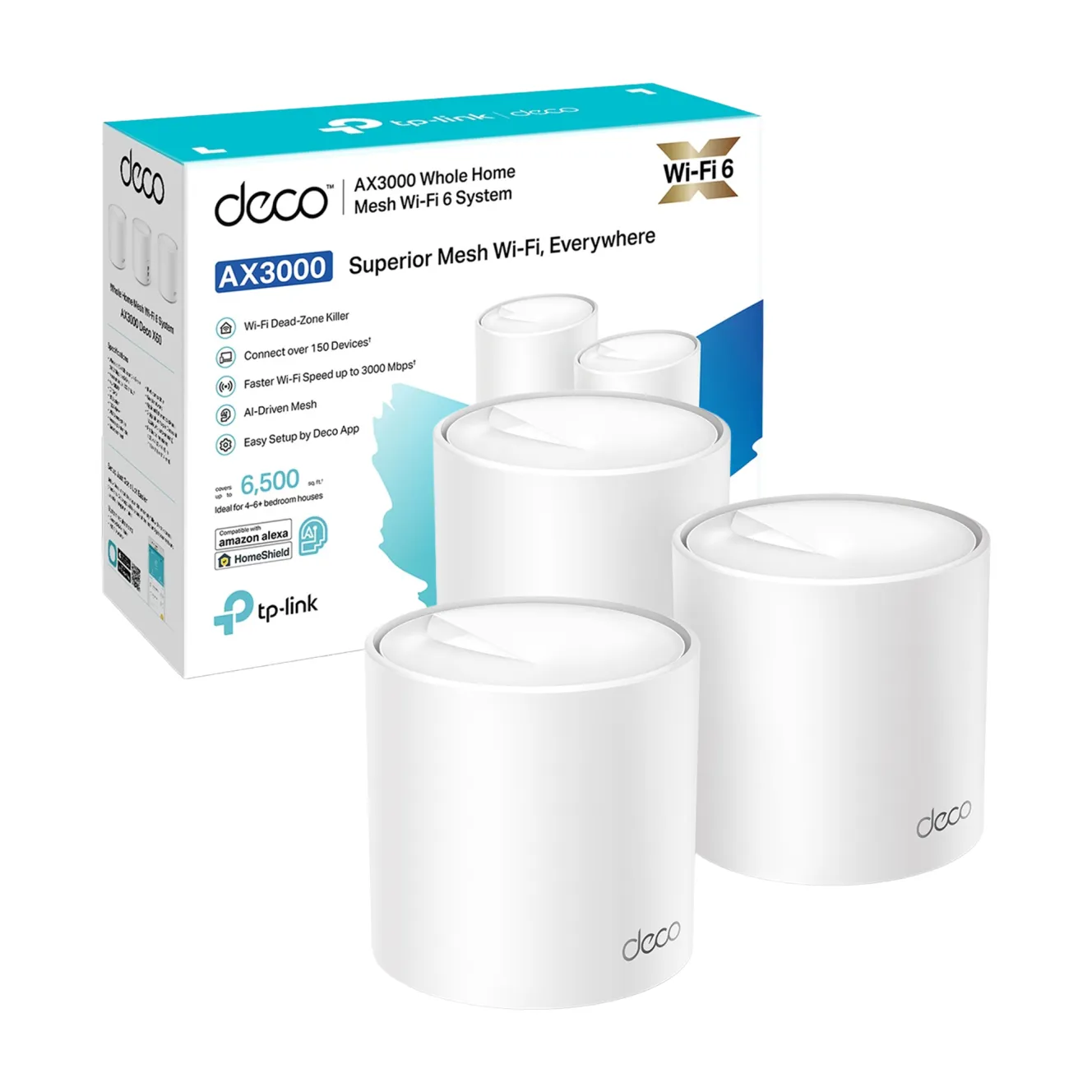 TP-Link Deco AX3000 Whole Home Mesh Wi-Fi 6 System, with 3 cylindrical devices and product packaging in the background.