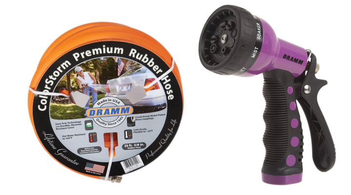 Dramm garden hose and an adjustable nozzle