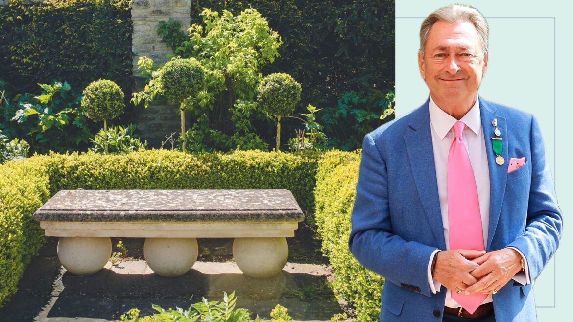 Garden with a stone bench and a row of shaped topiary and Alan Titchmarsh overlayed on top