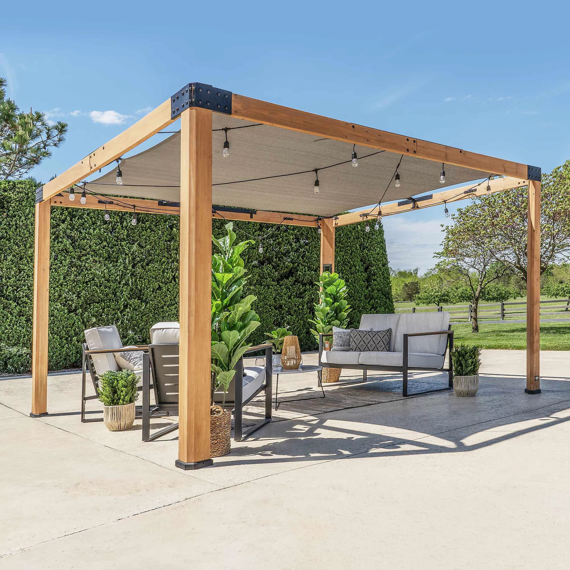 Backyard Discovery Brendan Sail Shade Cedar Wood Outdoor Patio Pergola with Canopy and Powerport 3.7m x 3.1m