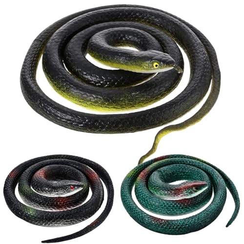 Blulu 3 Pieces Rubber Snakes Realistic Large Lifelike Fake Toys Plastic Garden Snake to Keep Birds Away Scare Squirrels Halloween Prank Props Scare Toy(classic Style)