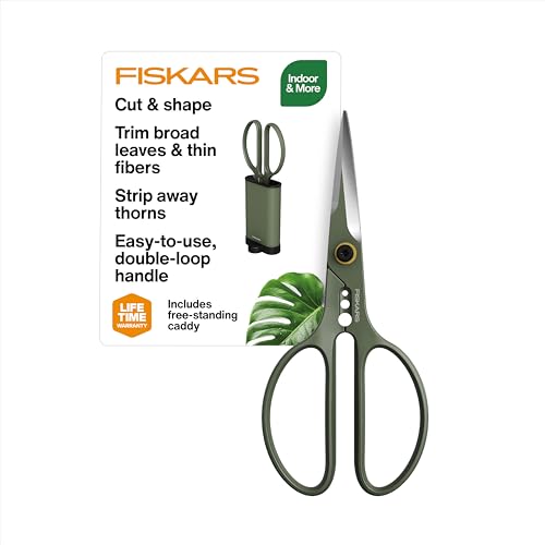 Fiskars Plant Shaping Shears & Holder, Precision Indoor Gardening Snips With Storage Caddy, Forged Stainless Steel Blades for Clean Cuts on Broad Leaves, Ambidextrous Handles & Stem Stripper, 6"