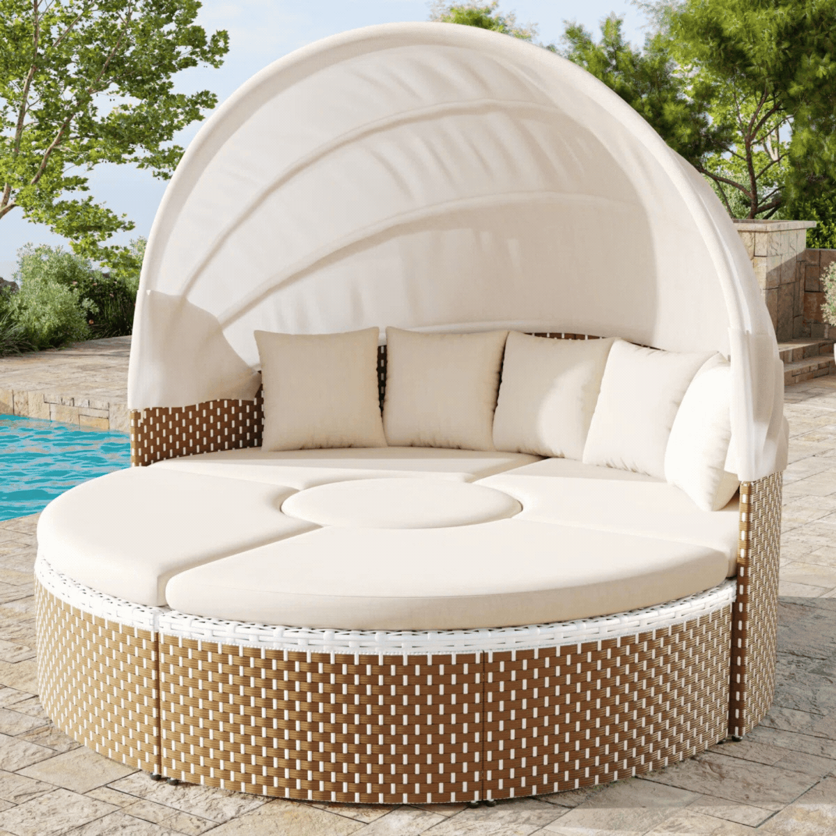 Fj&oslash;rde &amp; Co , Curved Outdoor Lounge Set Patio Daybed With Adjustable Canopy