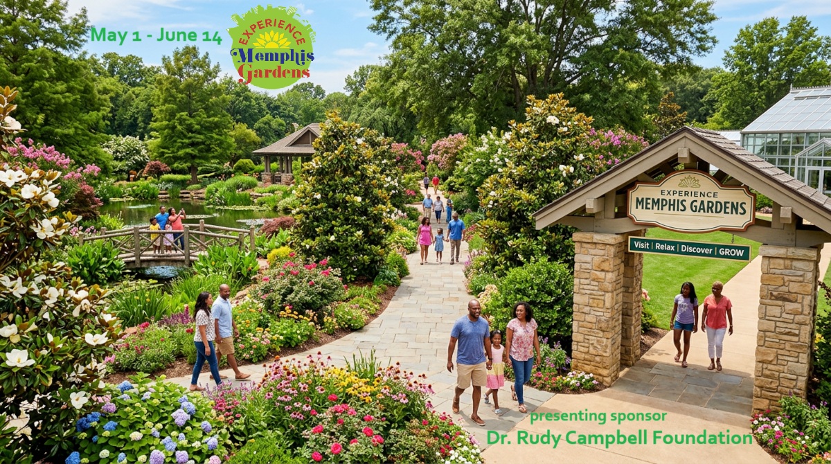 Meet the Memphis Gardener Who Sparked a Citywide Movement - 5 People walk through a garden with blooming flowers, trees, and a pond. A sign reads