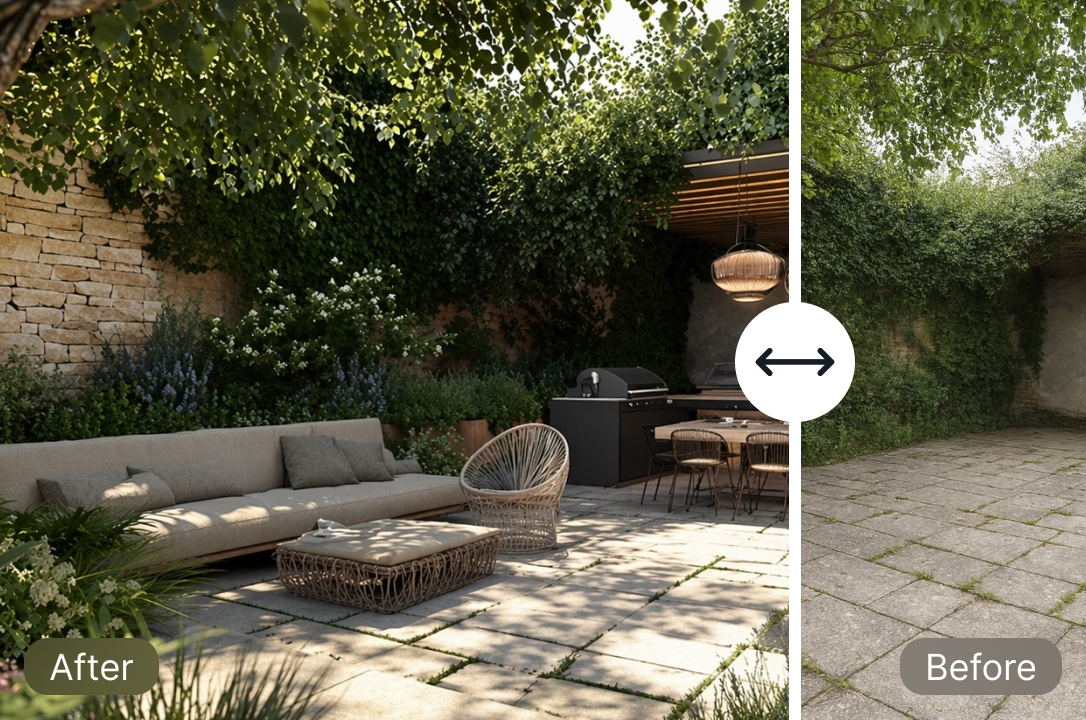 Before and after comparison of a garden in the Cotswolds.
