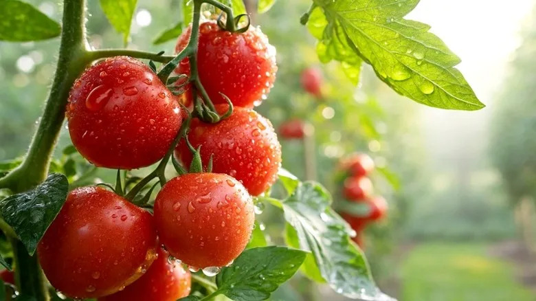 A close up shot of cherry tomatoes on a vine covered in dew.