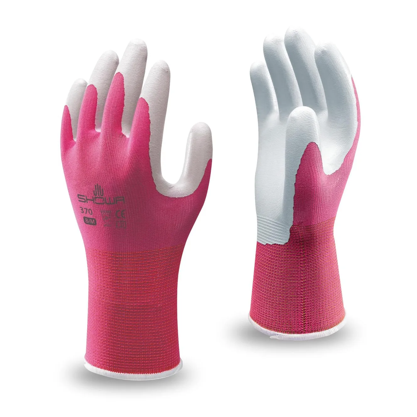 Pair of pink and white Showa Floreo 370 gardening gloves.
