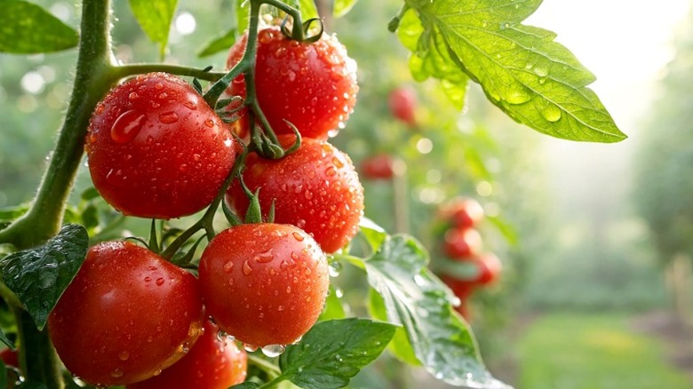 A close up shot of cherry tomatoes on a vine covered in dew.