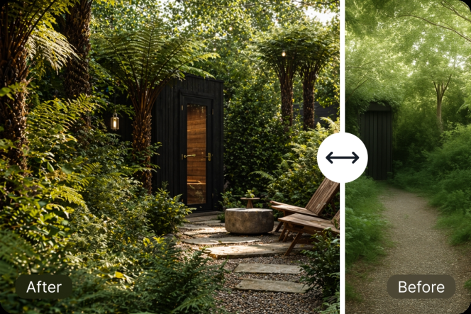 Before-and-after comparison of a woodland path, with the "After" image showing a landscaped garden path with a dark wood shed, seating area, and lush ferns.