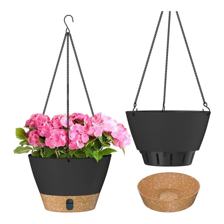 The Zmtech Self-Watering Hanging Planters, one empty, one with a blooming plant, on a white background.