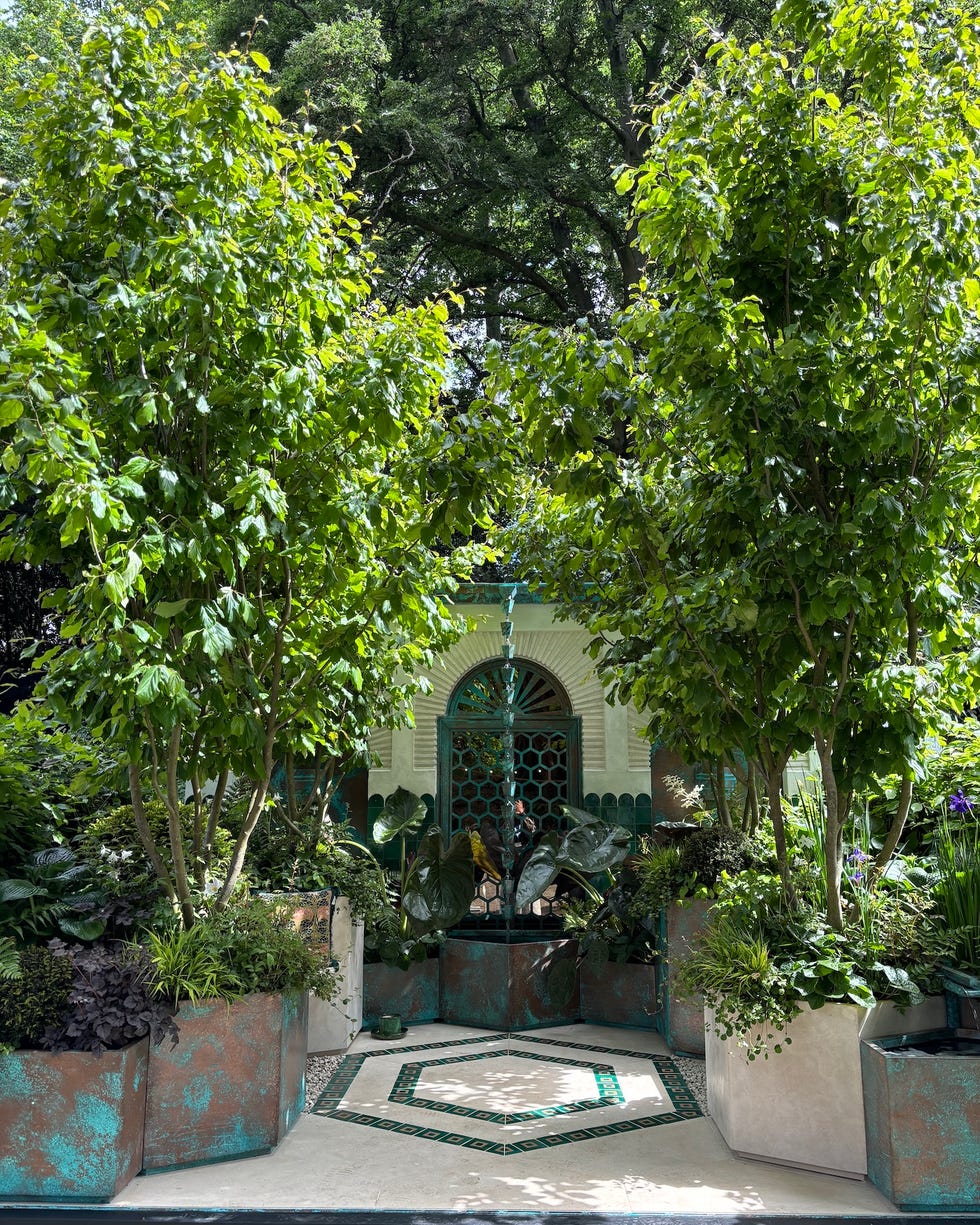 garden setup with trees and decorative planter boxes