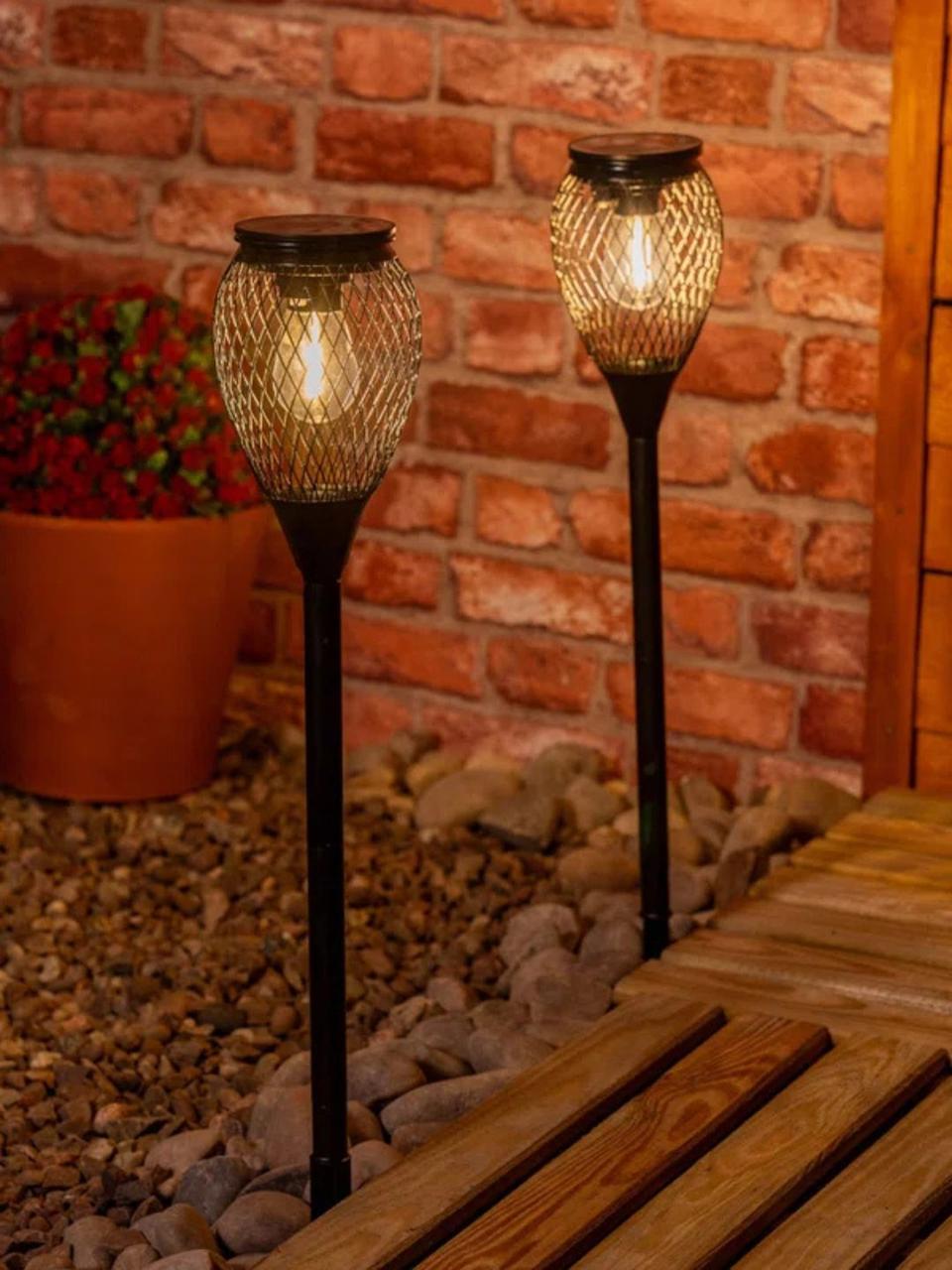 Wayfair, Black Metal Cage Solar Powered Outdoor Spike Light Solar Powered Integrated LED Pathway Light - 2 Pack